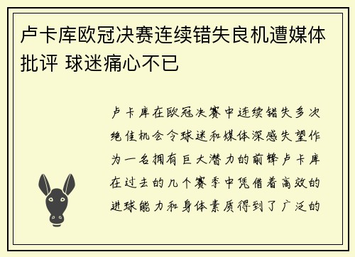 卢卡库欧冠决赛连续错失良机遭媒体批评 球迷痛心不已