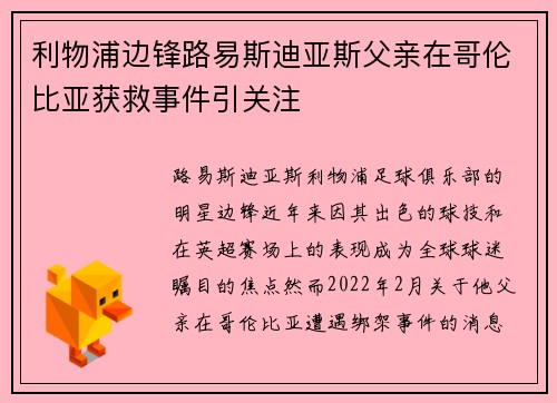 利物浦边锋路易斯迪亚斯父亲在哥伦比亚获救事件引关注