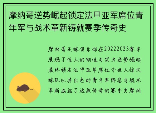 摩纳哥逆势崛起锁定法甲亚军席位青年军与战术革新铸就赛季传奇史